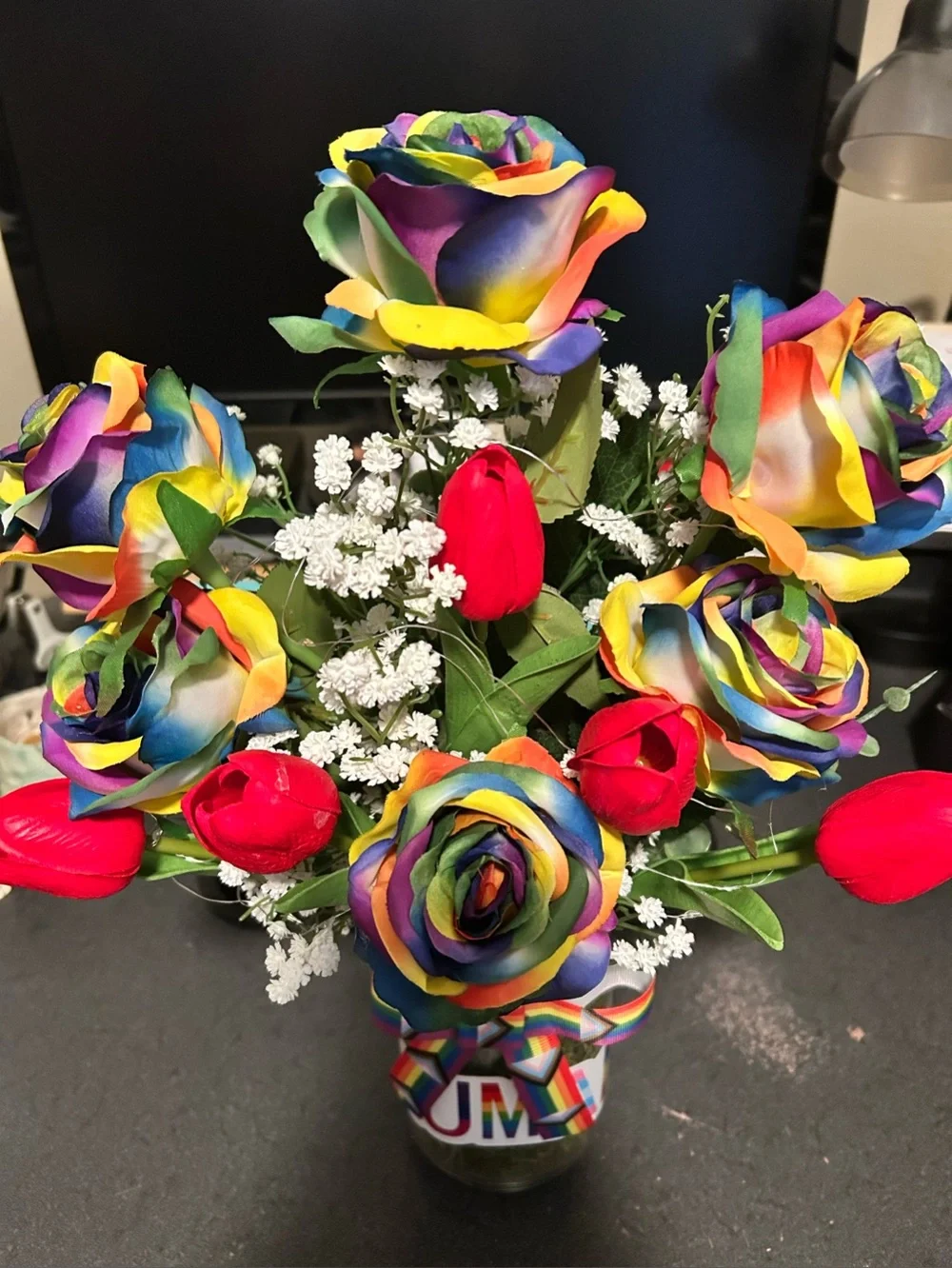 LARGE PRIDE/ALLY FAUX FLORAL ARRANGEMENT W/ 21’ OF FAIRY LIGHTS/HANDMADE/NWT